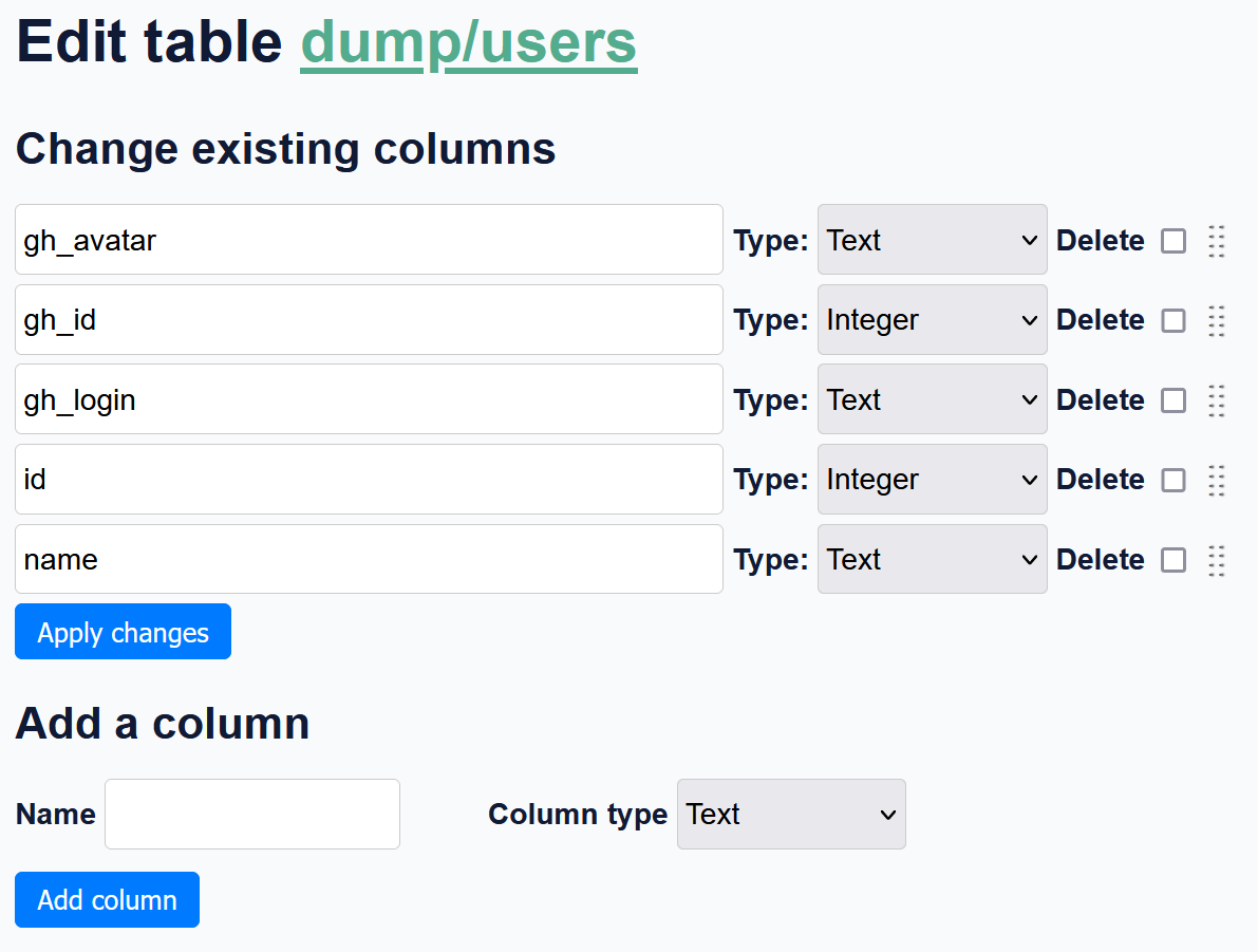 Editing the schema of a table in Datasette